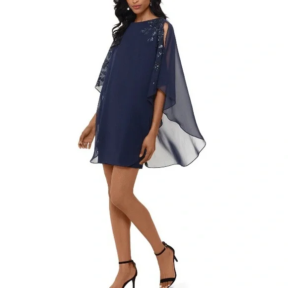 NWT XScape Chiffon Overlay Beaded Sleeve Cocktail Dress Size 16 Navy - Picture 3 of 11